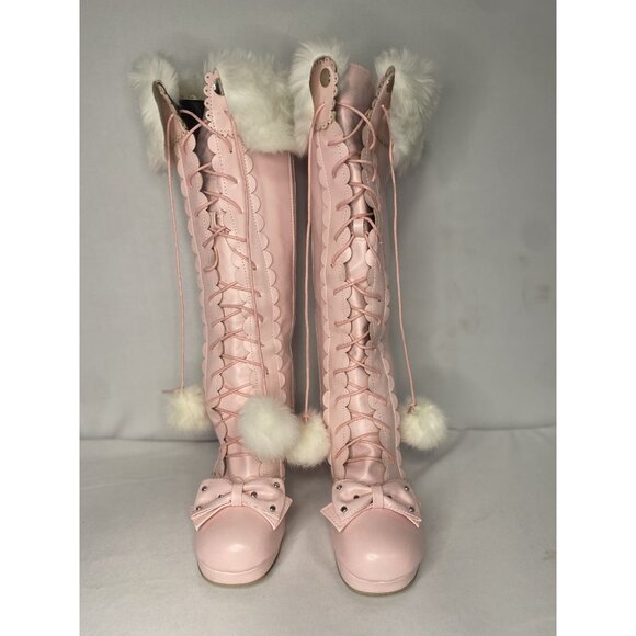 Pink Faux Fur Lace-Up Knee-High Boots With Bow & Pom Pom Accents Size 8.5 - Picture 1 of 4